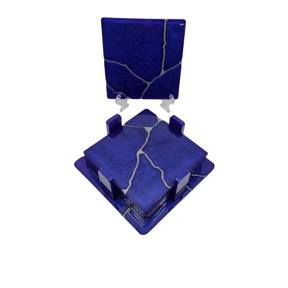 Kintsugi Resin Coaster Set Blue & Silver With  Matching Holder