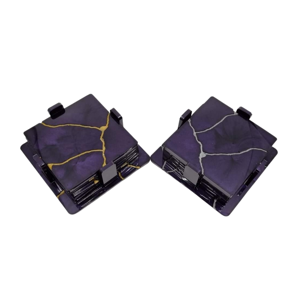 Coasters Resin  Purple & Silver Kintsugi Set