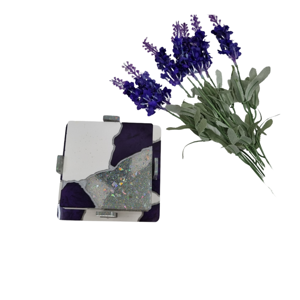 kintsugi Coaster Set Purple ,White & Silver Glitter & Holder