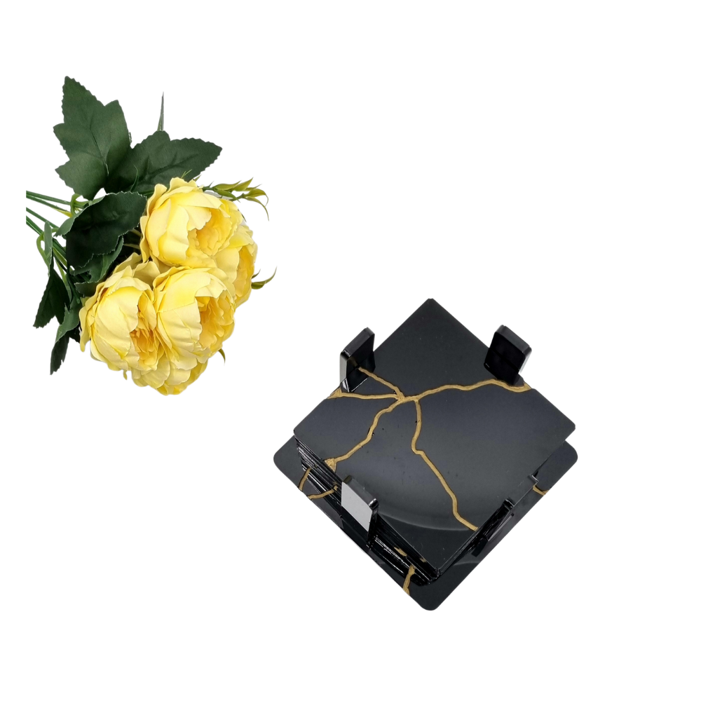 Coasters Resin Kintsugi Set Black & Gold