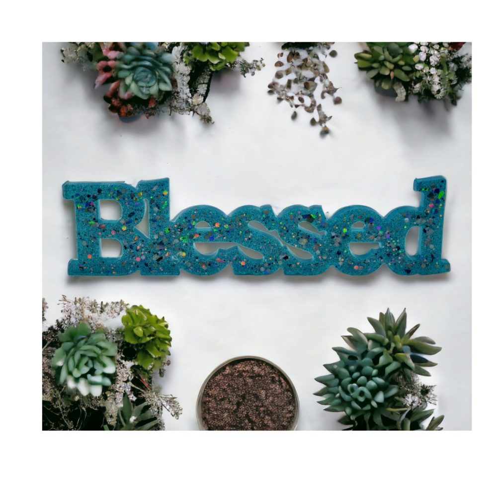 Word Sign Blessed Resin Blue Glitter